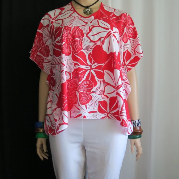 Hawaiian Aloha Red - Polynesian Butterfly Top Caftan Cover-up Shirt Tunic Travel - Picture 6 of 6